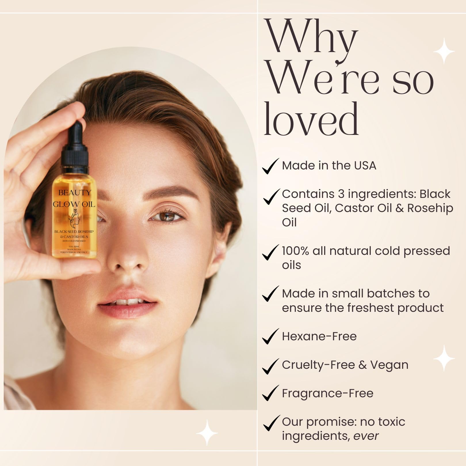 Bad Dog Beauty Glow Oil label closeup highlights the three-ingredient formula