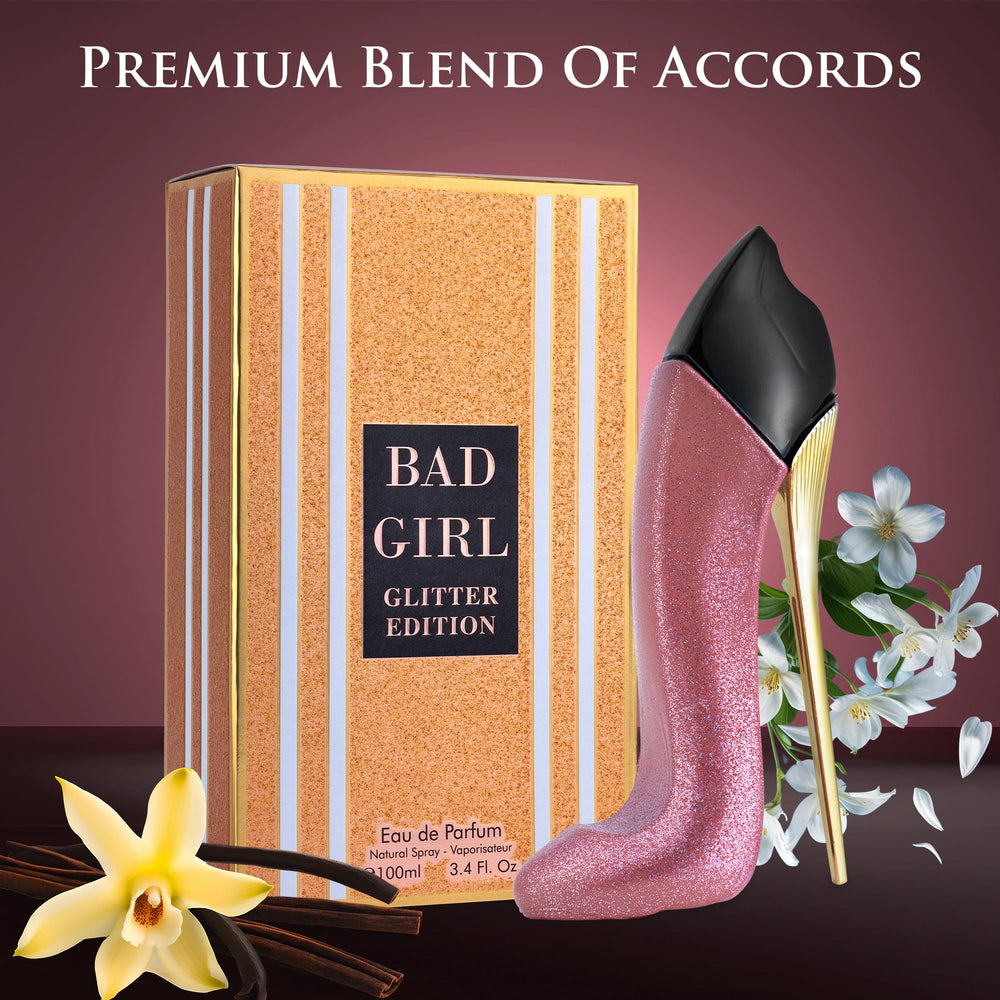 Bad Girl Glitter Edition base notes image featuring cacao and vanilla warmth