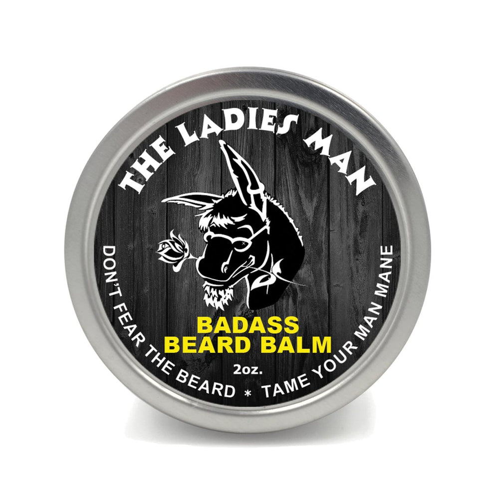 Badass Beard Care Beard Balm The Ladies Man Scent bottle pour shows smooth, fragrant hydration for a beard.