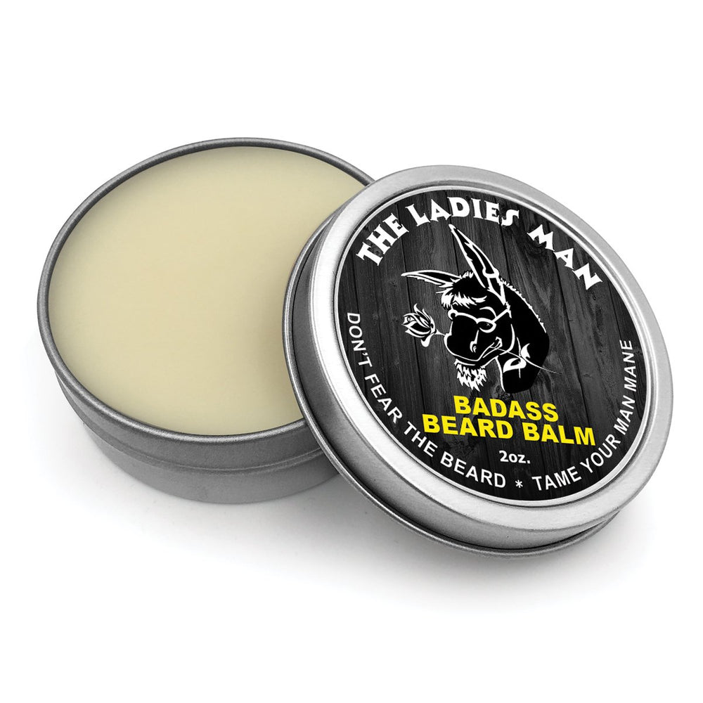 Badass Beard Care Beard Balm The Ladies Man Scent ingredients label highlights all-natural formula for healthy beard feel.