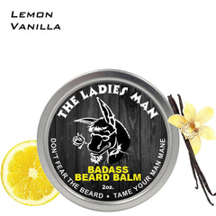 Badass Beard Care Beard Balm The Ladies Man Scent jar closeup emphasizes natural ingredients and soothing skin.