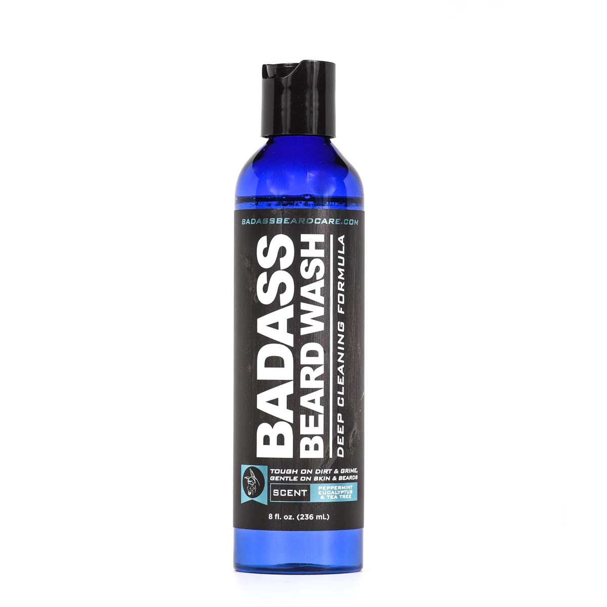 Badass Beard Care Beard Wash bottle pour highlights refreshing tea tree scent for clean beard.