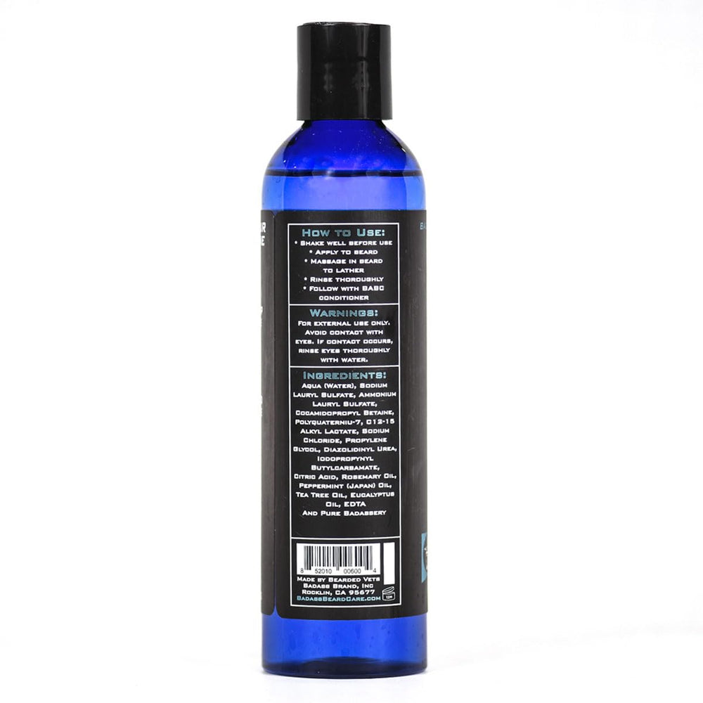 Badass Beard Care Beard Wash closeup tea tree highlights natural ingredients for healthy-feeling skin.