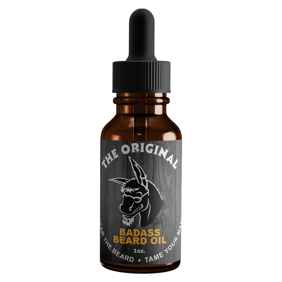 Badass Beard Care Oil original scent bottle demonstrates beard hydration with sandalwood bourbon vanilla.