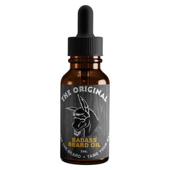 Badass Beard Care Oil original scent bottle demonstrates beard hydration with sandalwood bourbon vanilla.