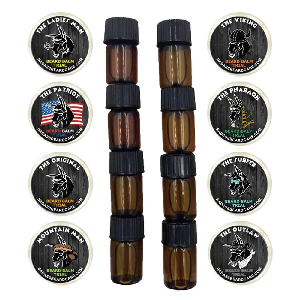 Badass Beard Care Trial Kit eight-pack showing beard balm and oil for travel use