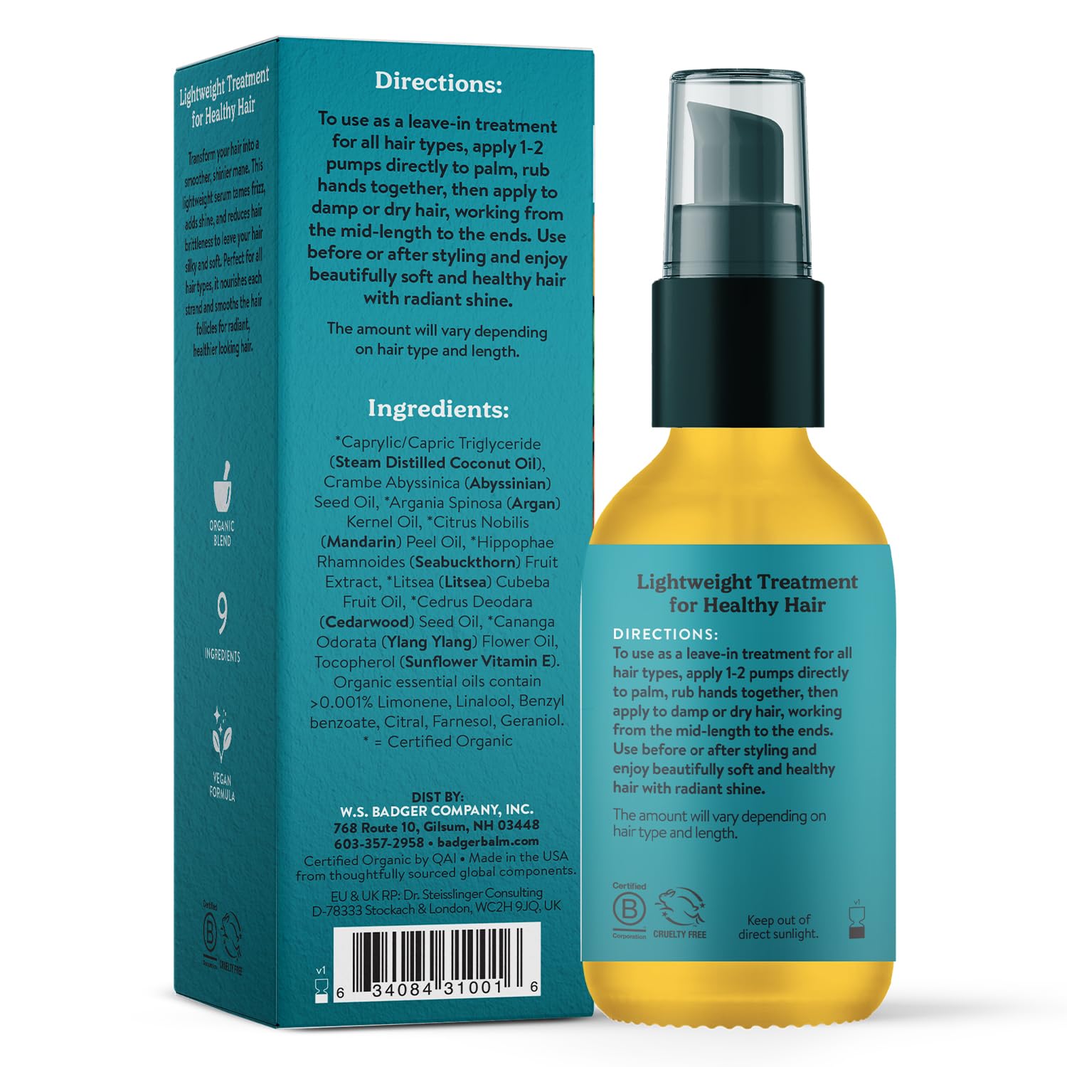 Badger Argan Hair Oil ingredients: jojoba, baobab, argan for nourishment.
