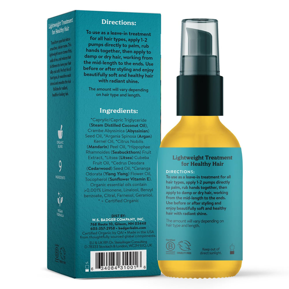 Badger Argan Hair Oil ingredients: jojoba, baobab, argan for nourishment.