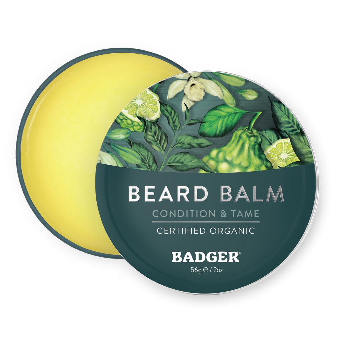 Badger beard balm tin close-up showing natural conditioning for facial hair