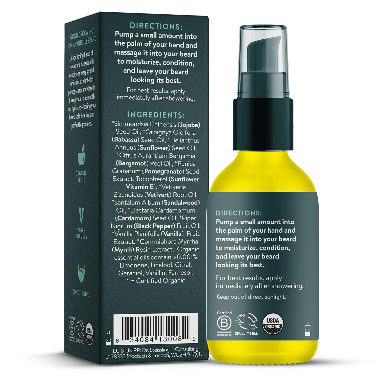 Badger Beard Oil application-massage shows easy one-hand pump usage.