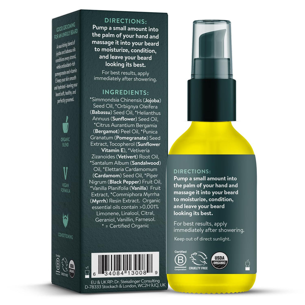 Badger Beard Oil application-massage shows easy one-hand pump usage.