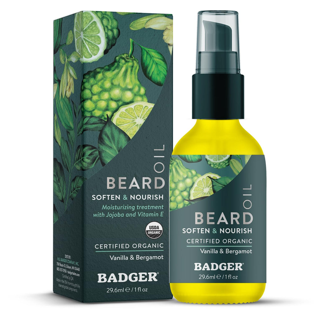 Badger Beard Oil babassu-jojoba bottle highlights organic conditioning for healthy beard texture.