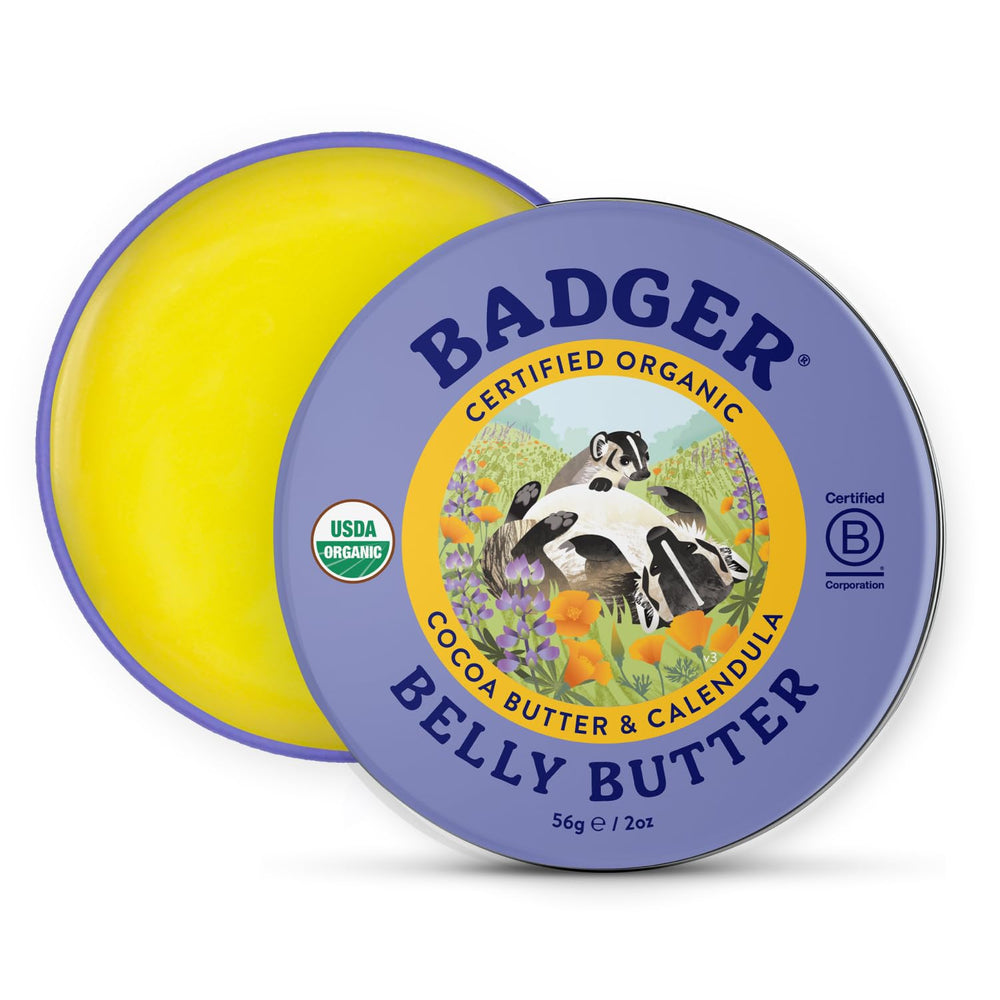 Badger Belly Butter tin front view for pregnancy skin hydration.