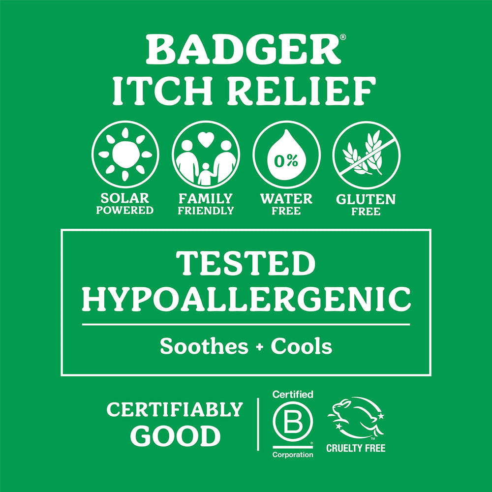Badger bug bite itch relief stick compact packaging highlights natural ingredients and cruelty-free care