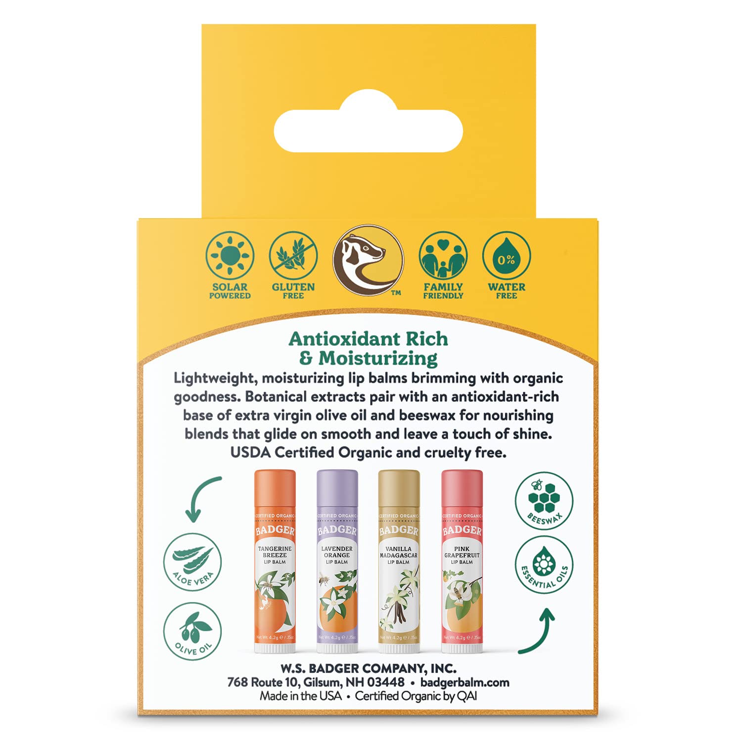 Badger Classic Lip Balm Set Yellow Box Lavender Orange nourishes dry lips with calming floral scent.