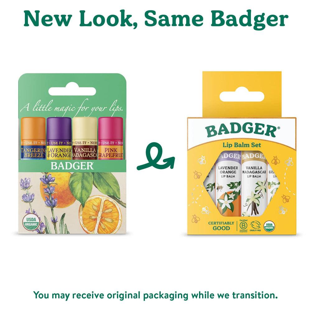 Badger Classic Lip Balm Set Yellow Box Pink Grapefruit offers bright flavor and moisturizing comfort.