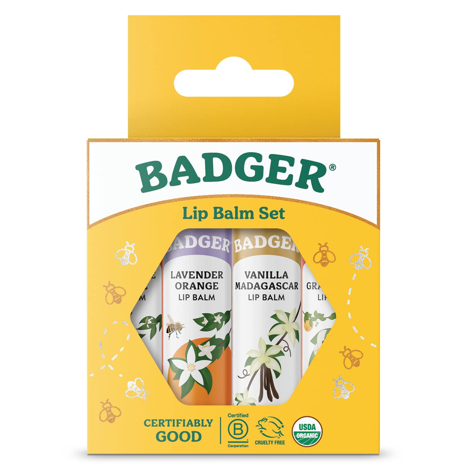 Badger Classic Lip Balm Set Yellow Box Tangerine provides silky moisture and inviting citrus aroma.