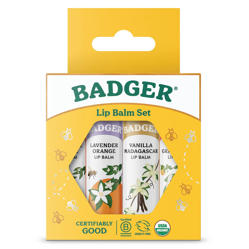Badger Classic Lip Balm Set Yellow Box Tangerine provides silky moisture and inviting citrus aroma.
