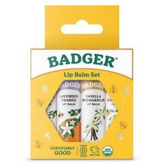 Badger Classic Lip Balm Set Yellow Box Tangerine provides silky moisture and inviting citrus aroma.