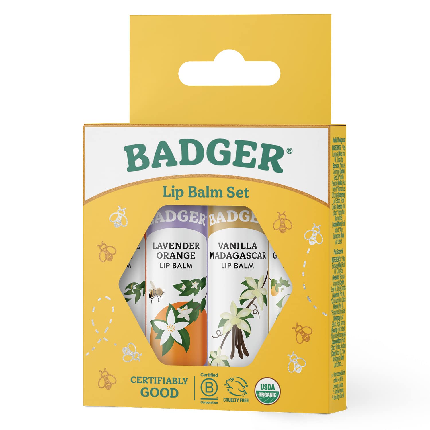 Badger Classic Lip Balm Set Yellow Box Vanilla Madagascar delivers smooth glide with warm Madagascar vanilla.