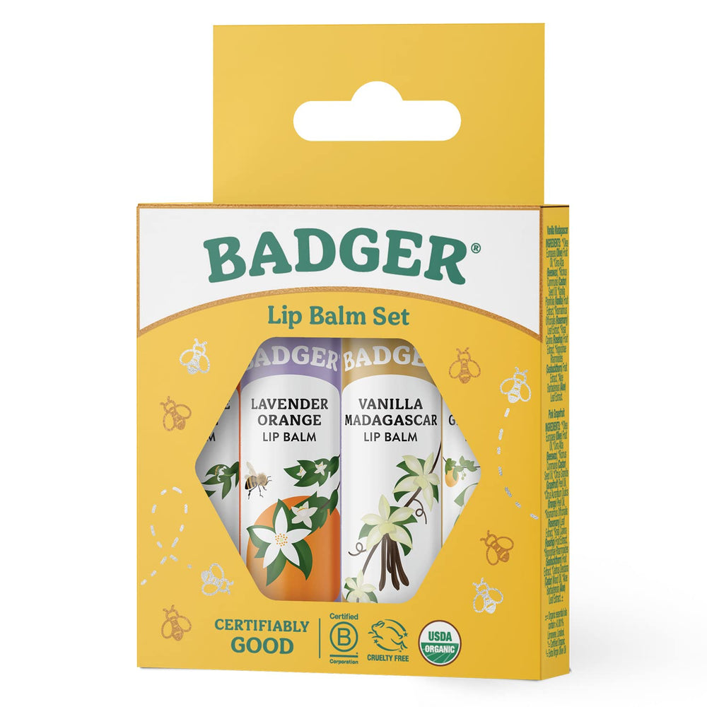 Badger Classic Lip Balm Set Yellow Box Vanilla Madagascar delivers smooth glide with warm Madagascar vanilla.