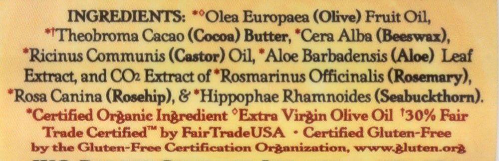 Badger cocoa butter lip balm ingredients close-up highlighting organic botanicals.