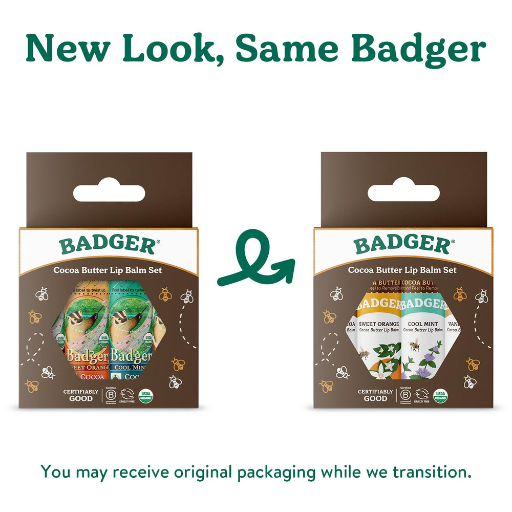 Badger Cocoa Butter Lip Balm Mint—cooling relief for dry lips.