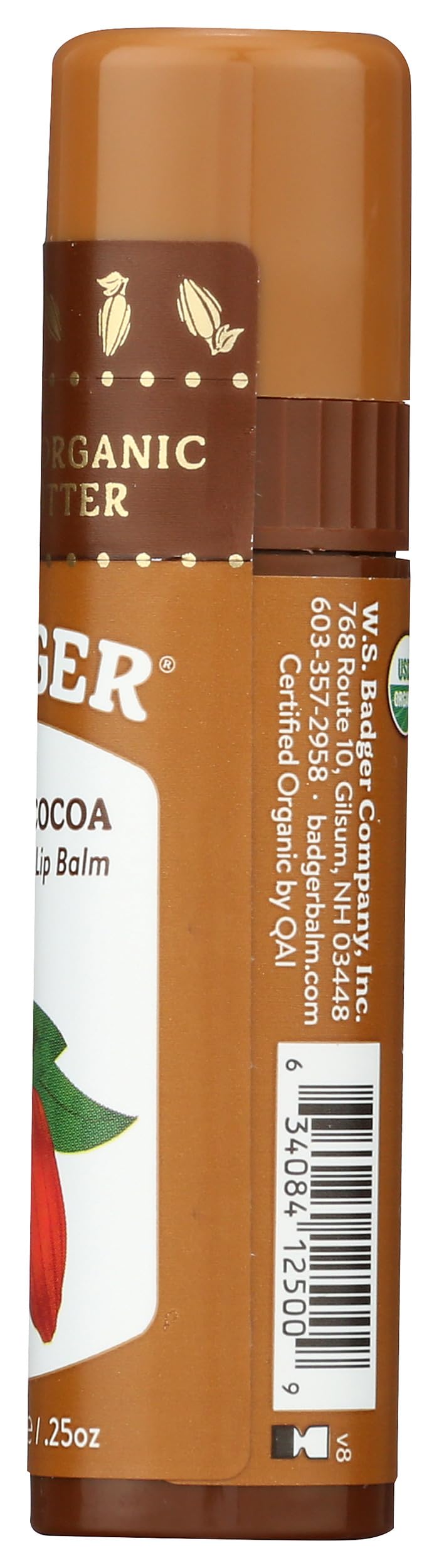 Badger cocoa butter lip balm stick packaging close-up emphasizing simple ingredients.