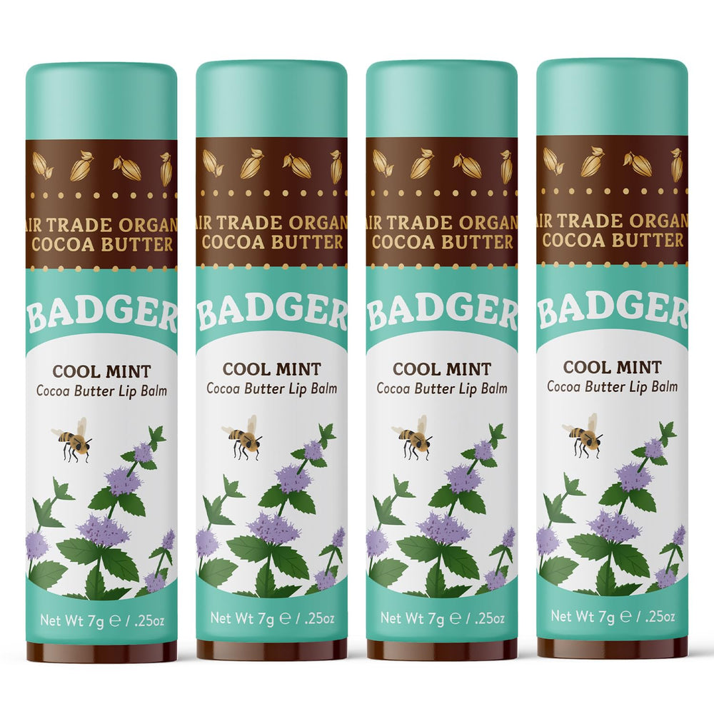 Badger Cool Mint Cocoa Butter Lip Balm 4-pack packaging shows eco-friendly jumbo sticks for daily hydration.