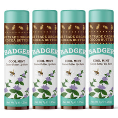 Badger Cool Mint Cocoa Butter Lip Balm 4-pack packaging shows eco-friendly jumbo sticks for daily hydration.