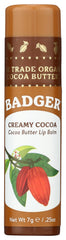 Badger creamy cocoa lip balm stick front view for dry lips.