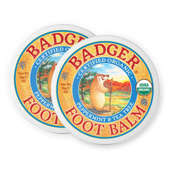 Badger Foot Balm tin front shows compact travel size for on the go foot care