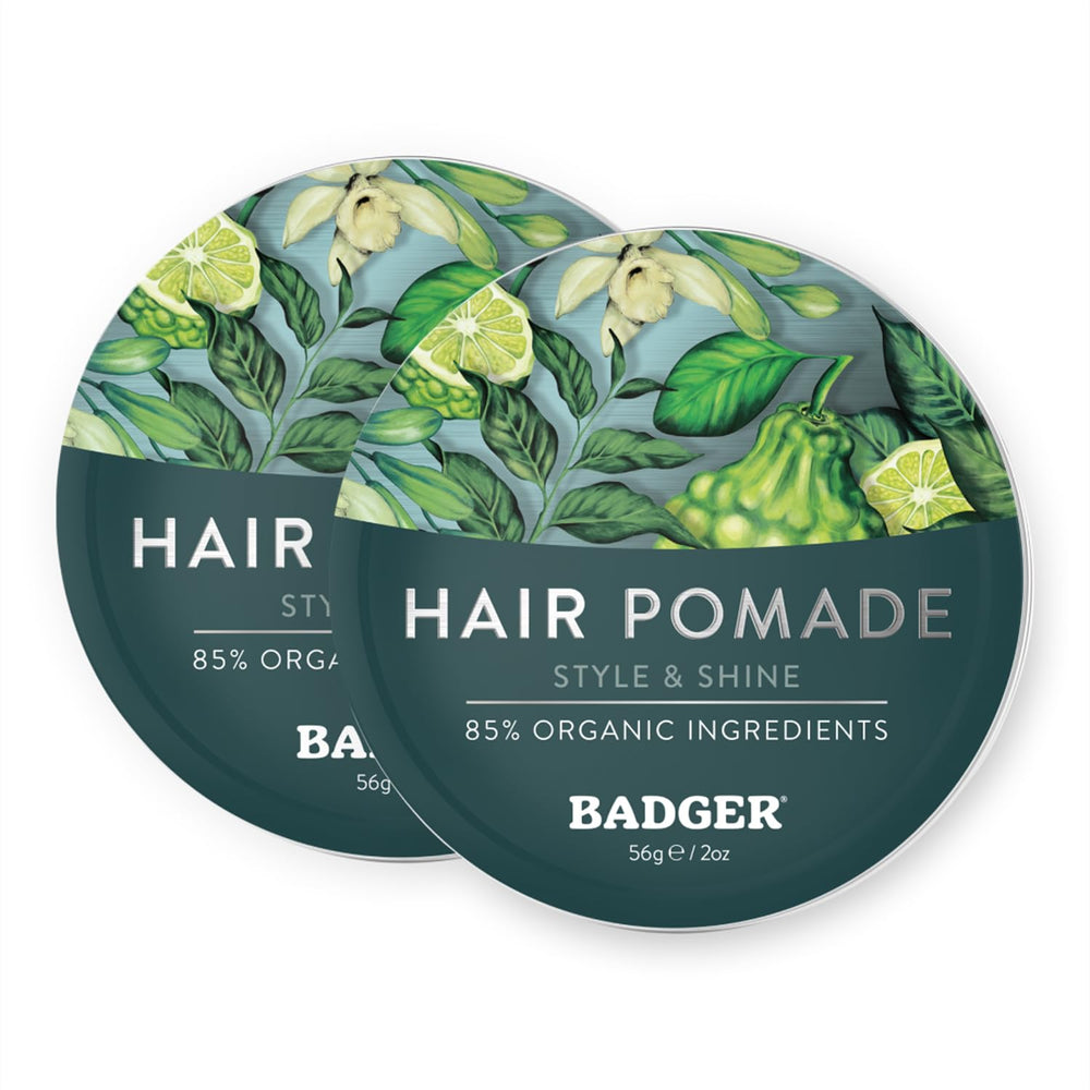 Badger Hair Pomade tin closeup shows medium hold for everyday styles
