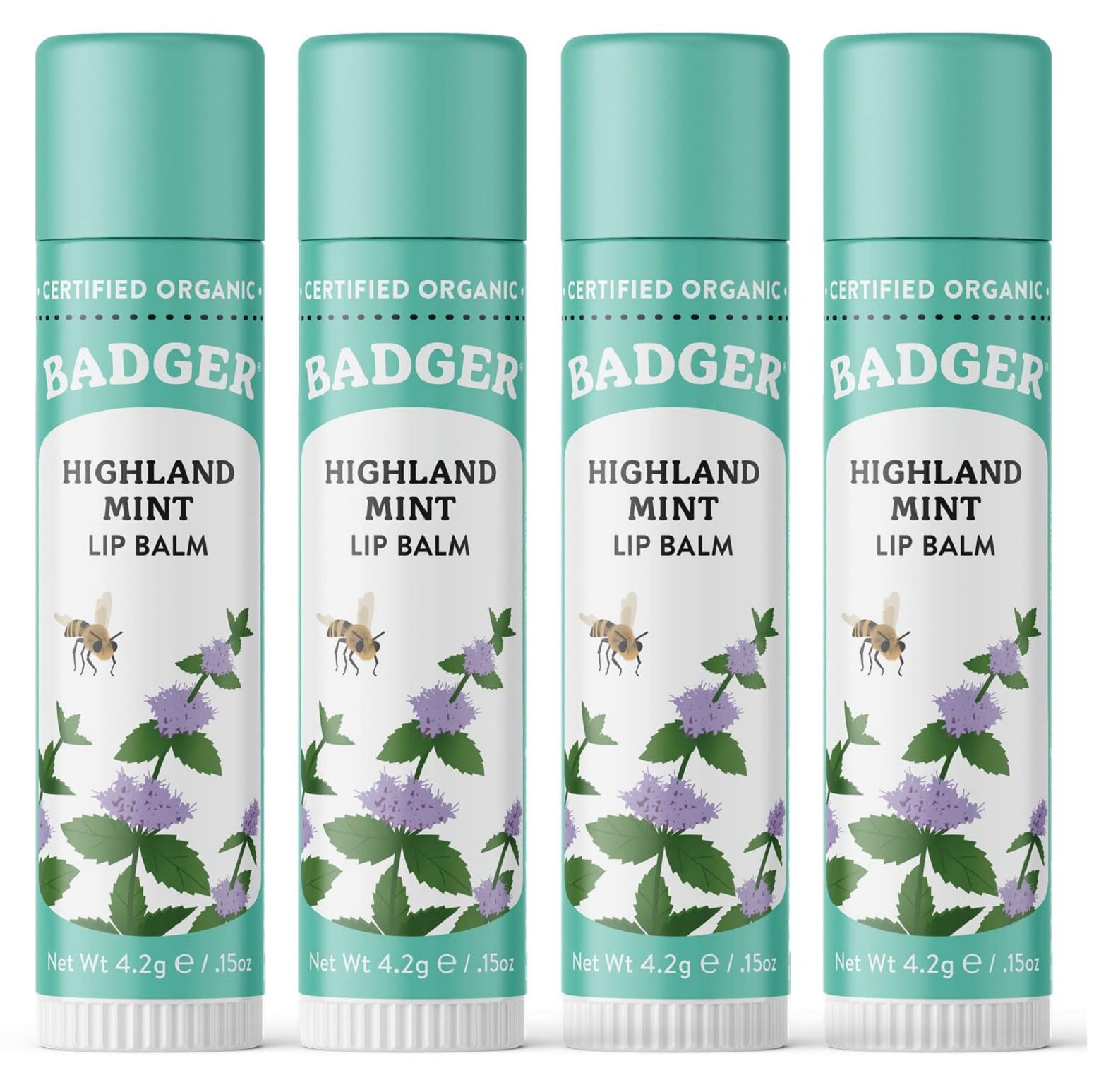 Badger Highland Mint lip balm pack offers four tubes for long-lasting moisture.