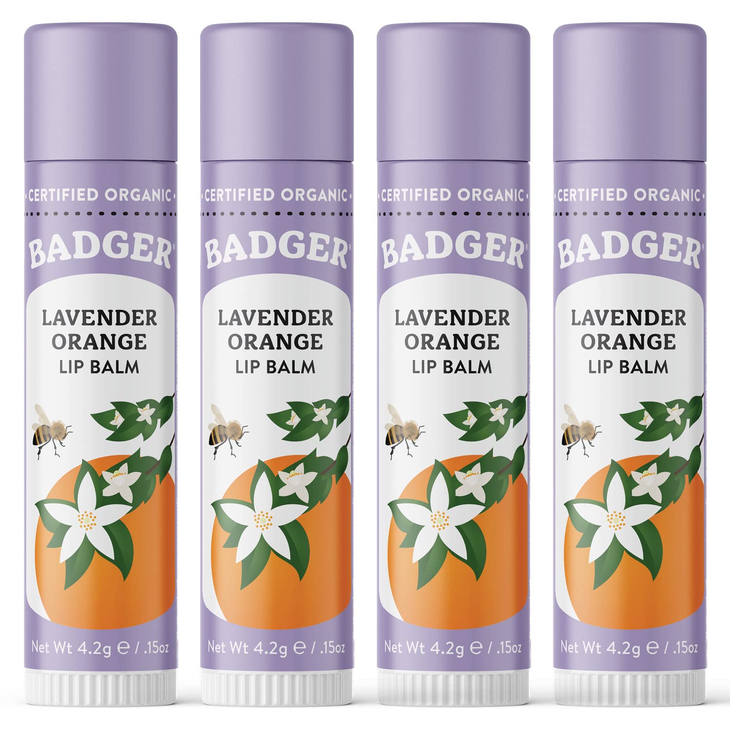 Badger Lavender Orange Lip Balm tube showing long-lasting moisture for dry lips