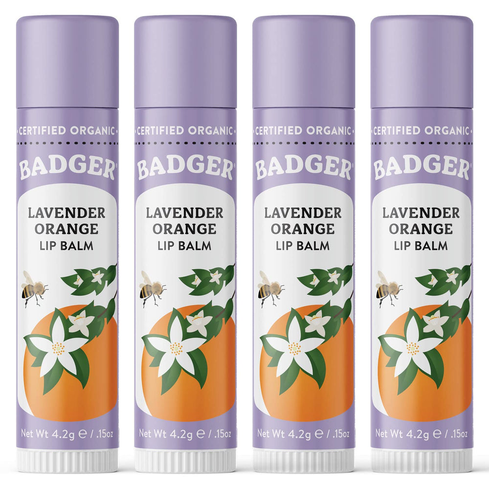 Badger Lavender Orange Lip Balm tube showing long-lasting moisture for dry lips