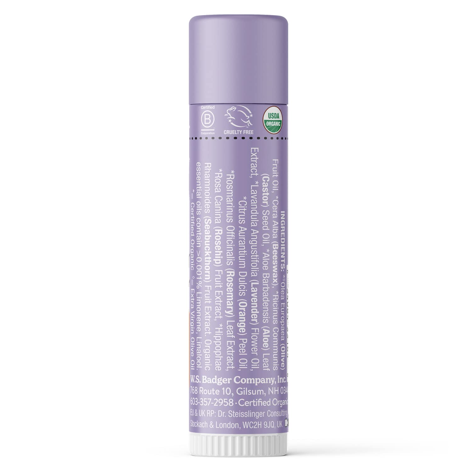 Badger Lavender Orange Lip Balm close-up gliding silky texture with shine