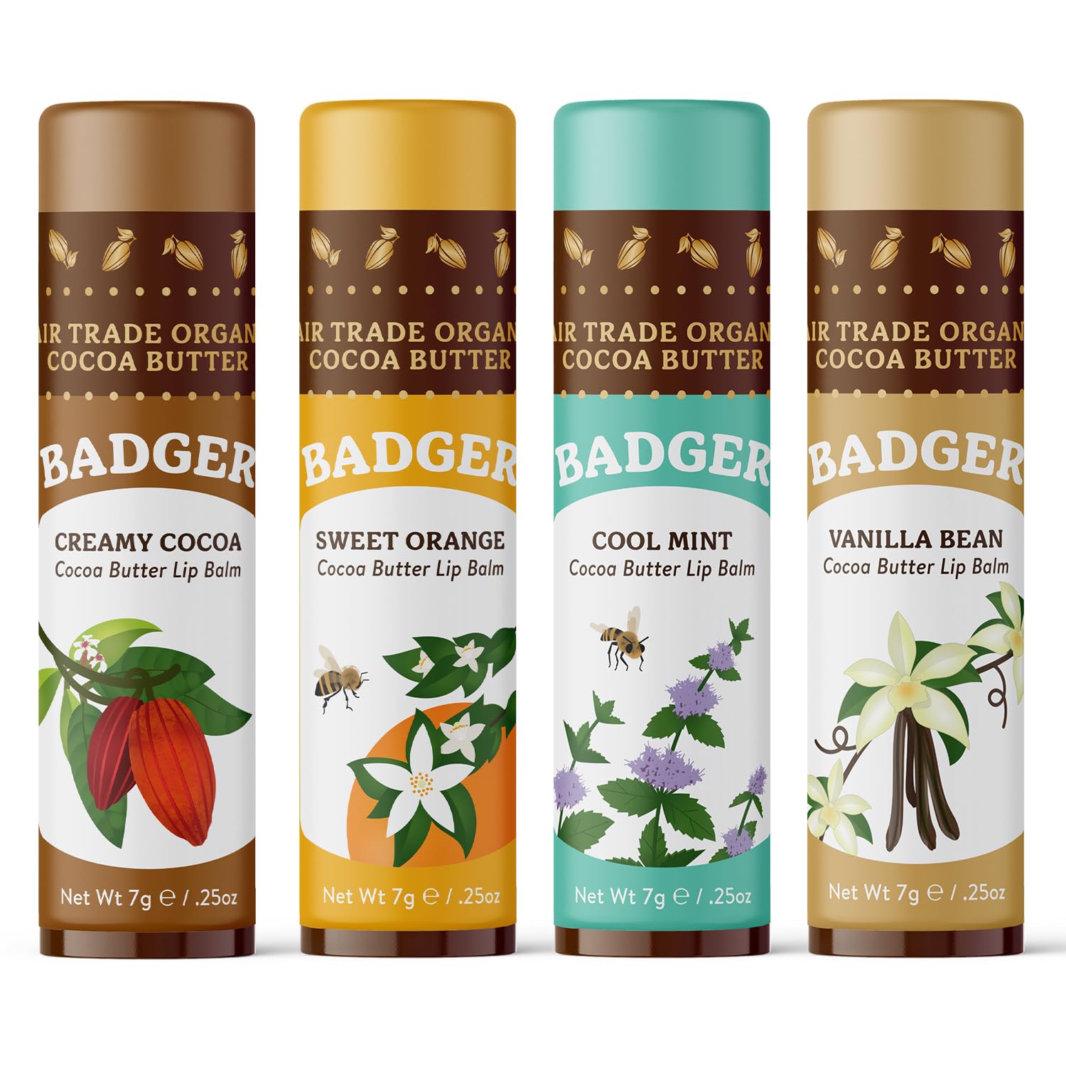 Badger Lip Balm Set Packaging—compact four-pack for on-the-go care.