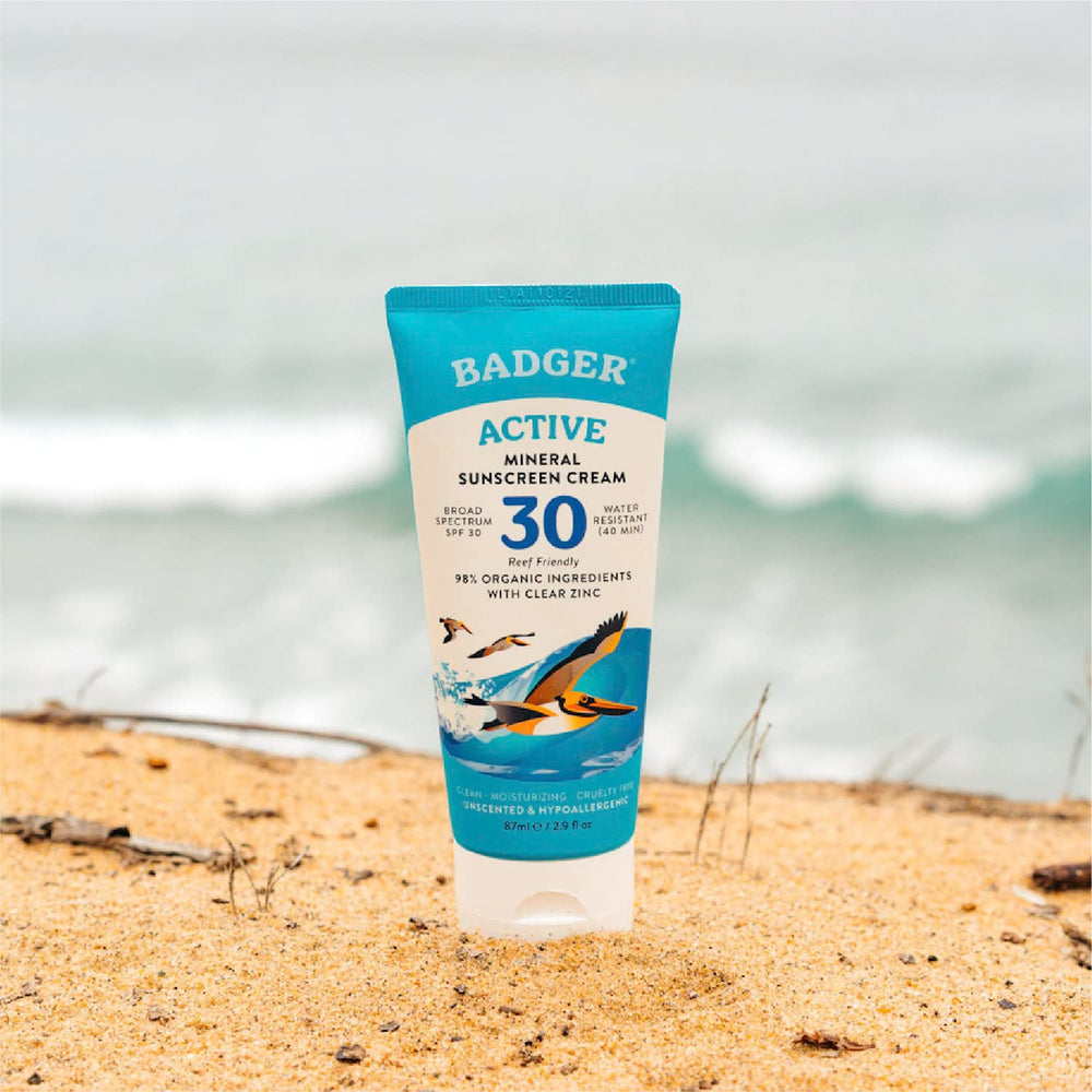 Badger Mineral Sunscreen Cream ingredients close-up shows five simple organic ingredients.