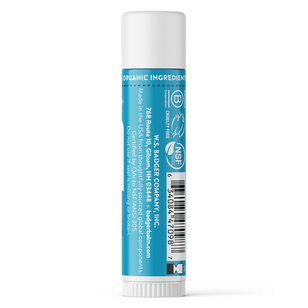 Badger mineral sunscreen lip balm SPF15 pack-side view demonstrates portable design.