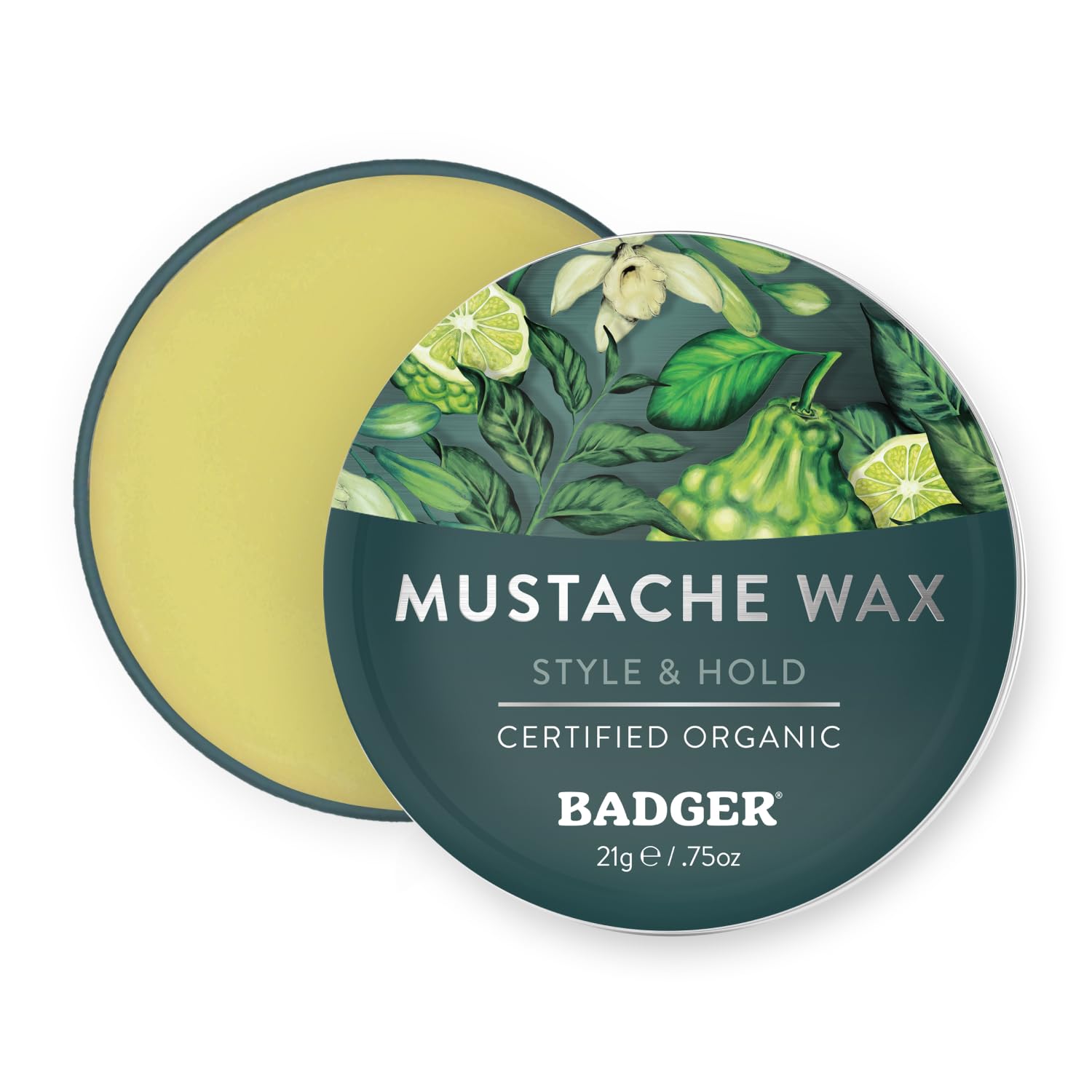 Badger Mustache Wax tin open shows medium hold and easy accessibility