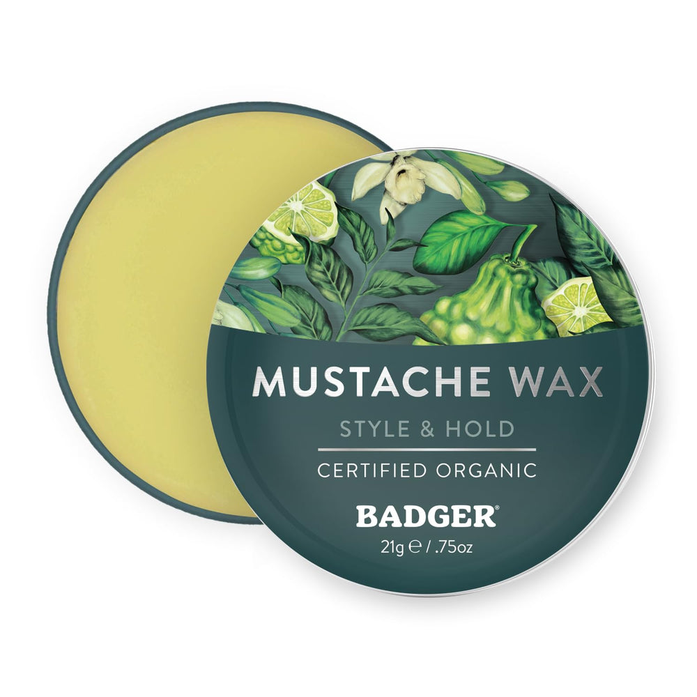 Badger Mustache Wax tin open shows medium hold and easy accessibility