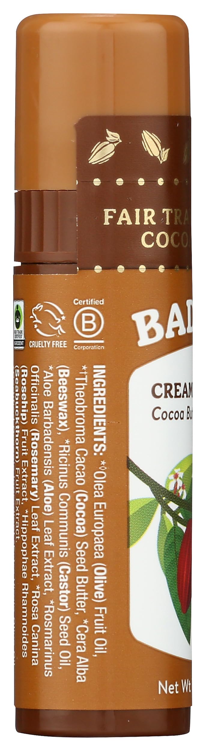 Badger organic-certified cocoa butter lip balm packaging reflects clean standards.