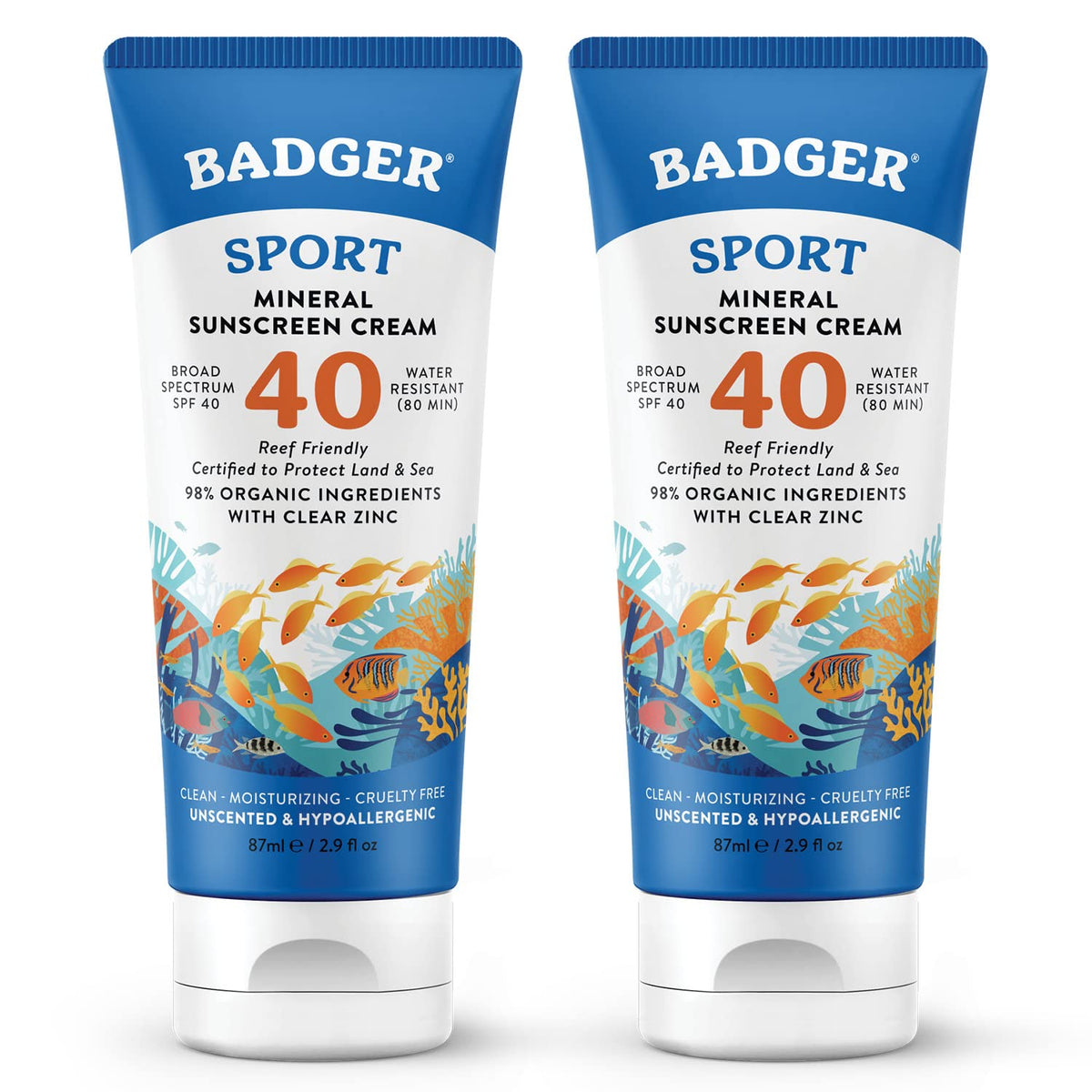 Badger Reef Safe Sport Mineral Sunscreen unscented tube 2-pack for everyday sun protection.