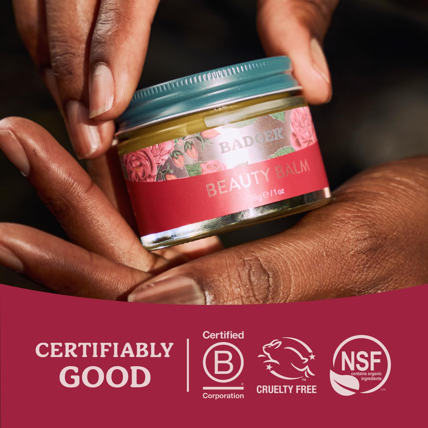 Badger Rose Beauty Balm applied on face and hands for hydration