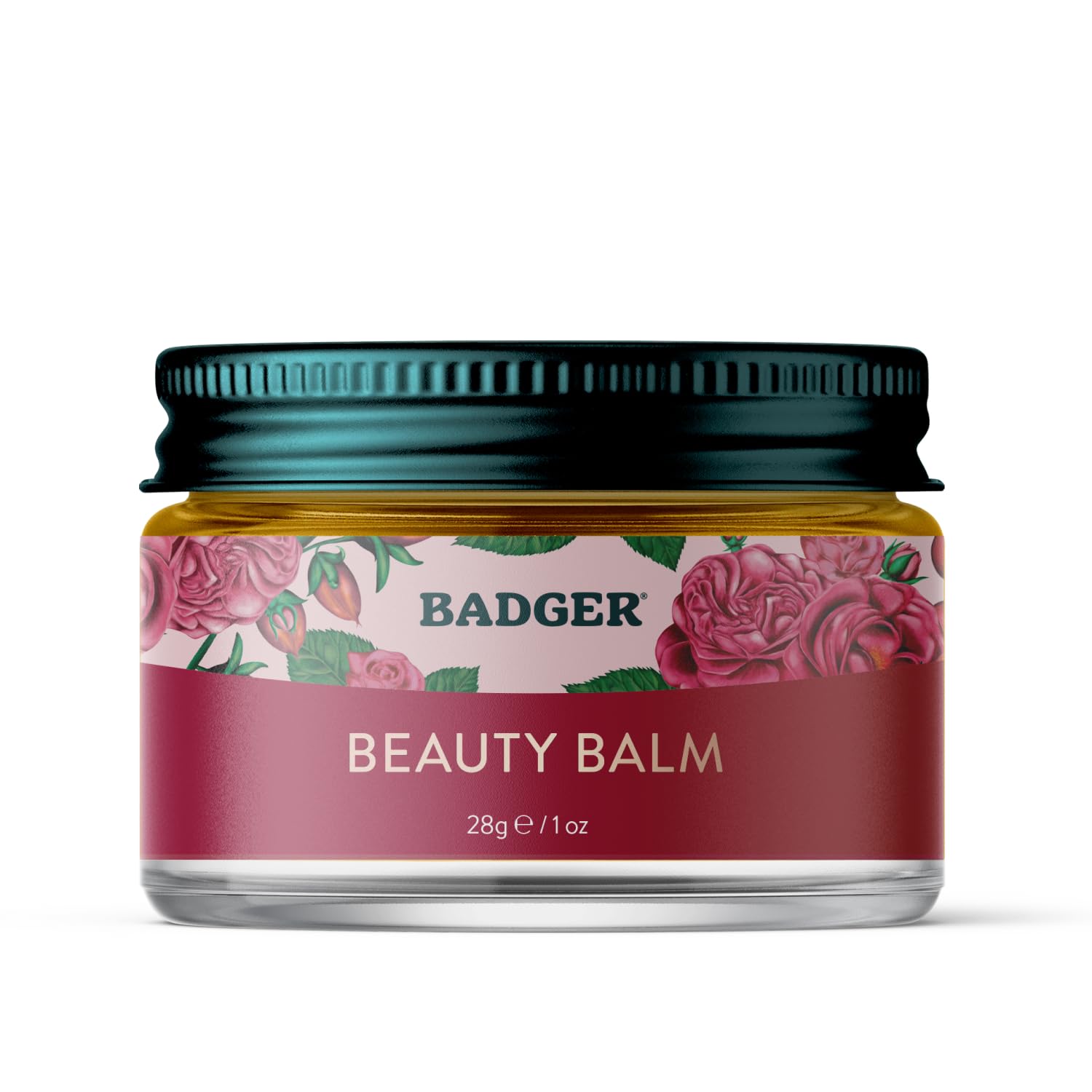 Badger Rose Beauty Balm jar closeup highlights rich hydration for face and hands
