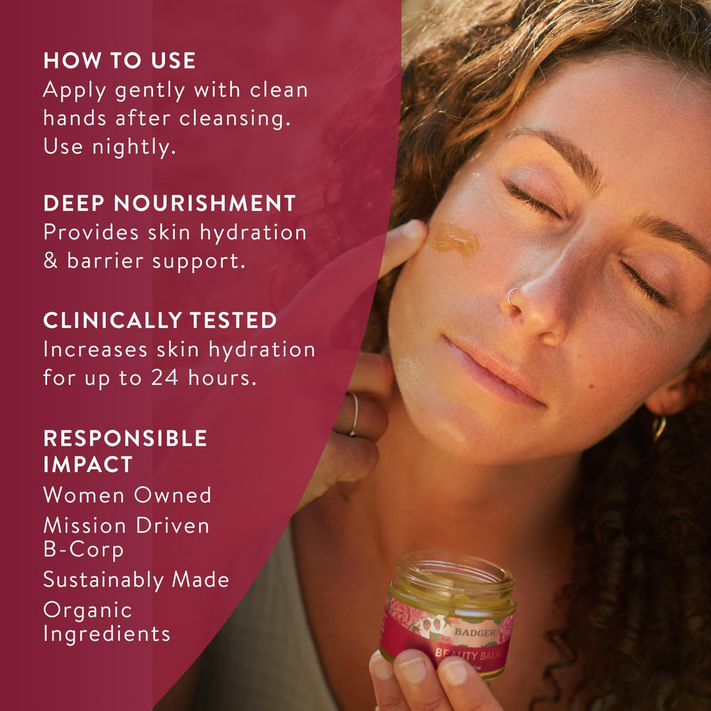 Badger Rose Beauty Balm rose oil note supports antioxidant nourishment