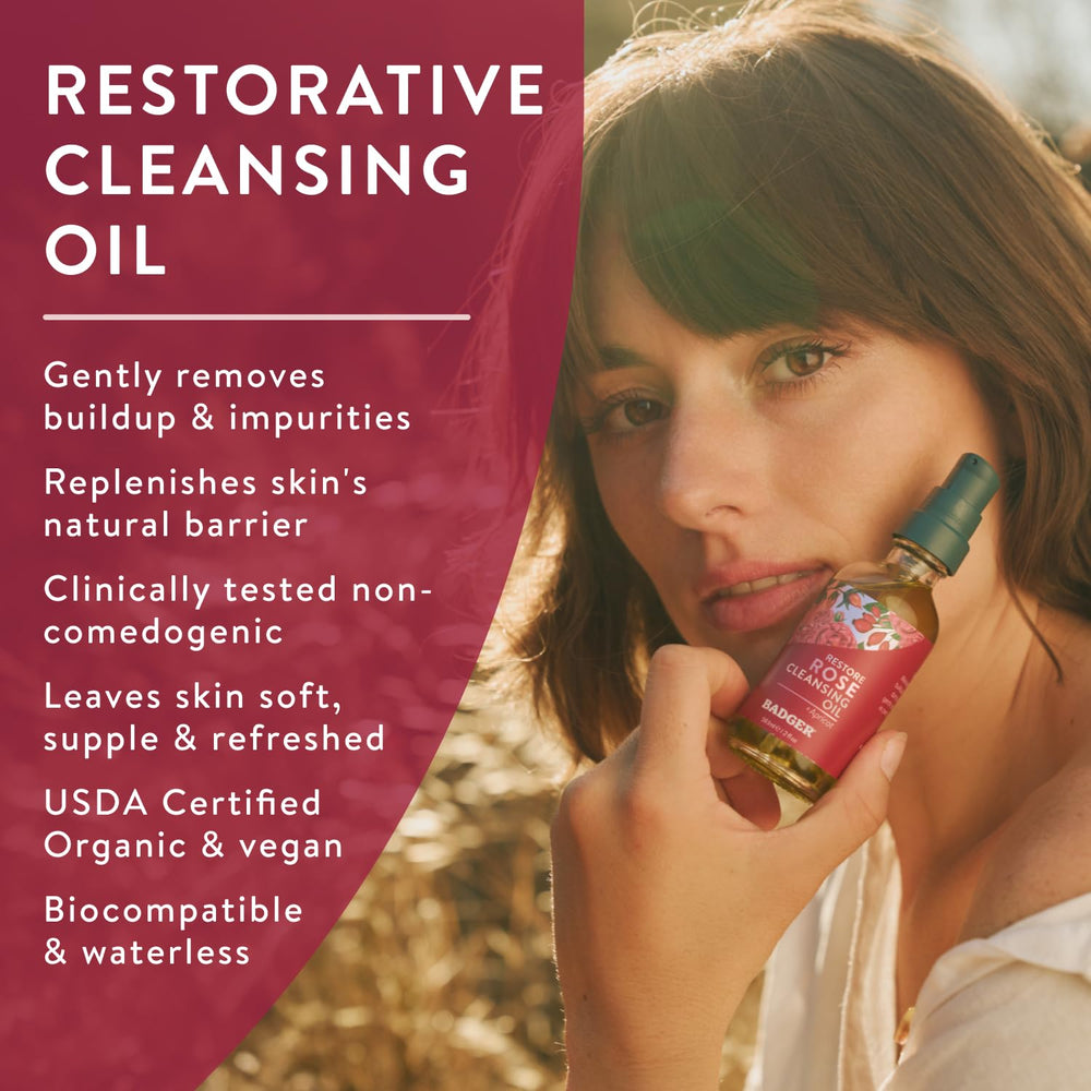 Badger Rose Face Cleansing Oil on bathroom shelf, promoting refreshing daily cleansing.