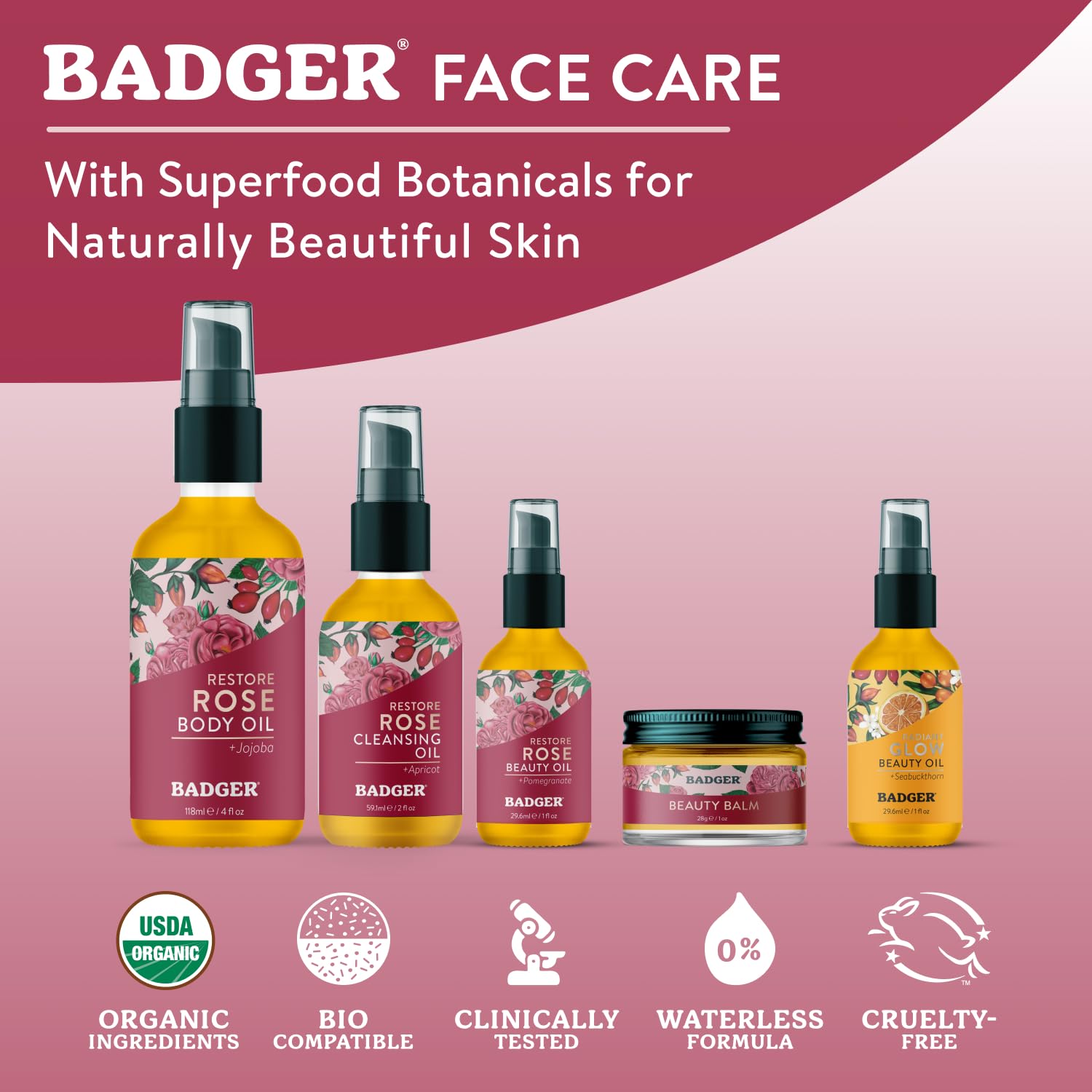 Badger Rose Face Cleansing Oil jar highlights Bulgarian rose oil and natural ingredients.