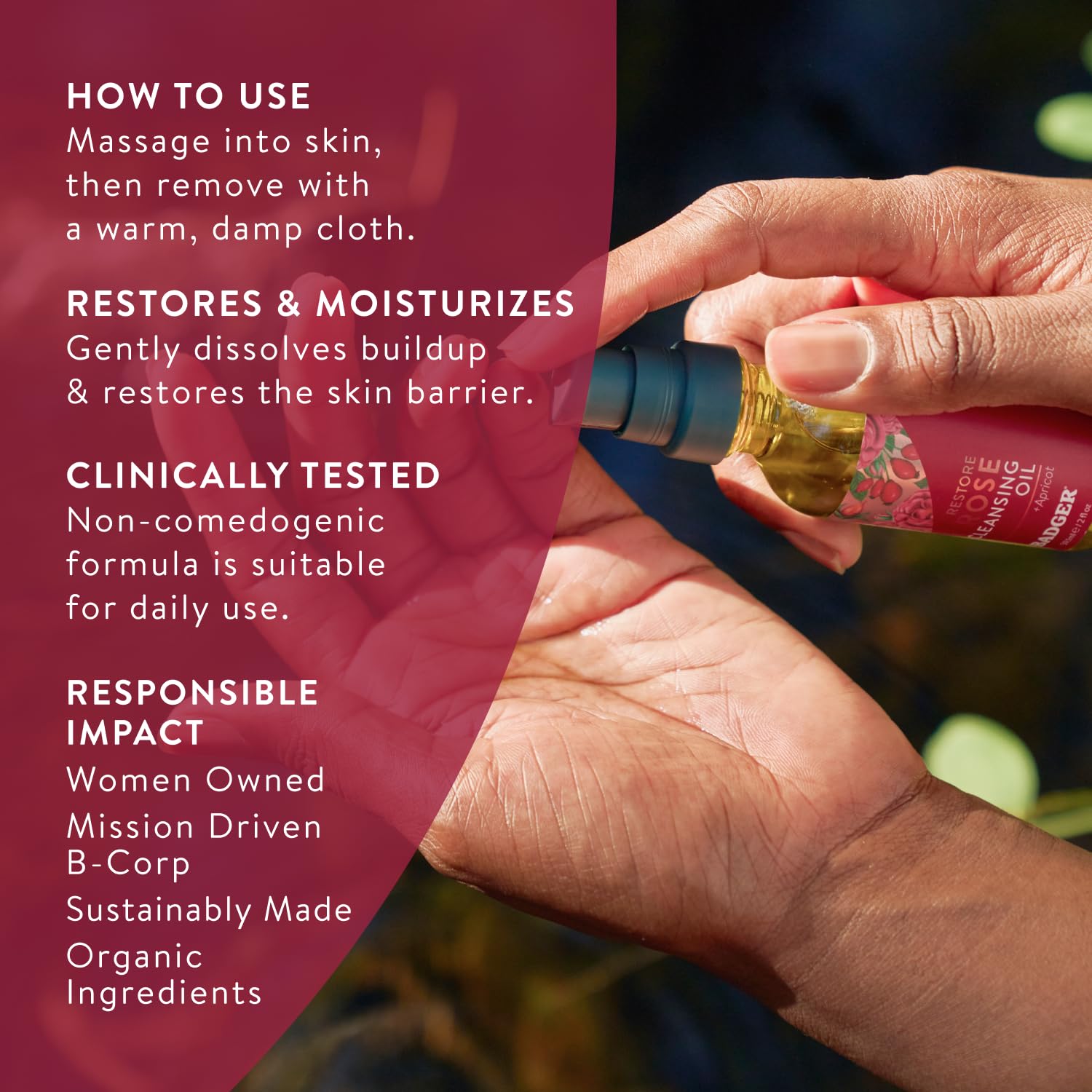 Badger Rose Face Cleansing Oil uses castor and apricot oils to draw out impurities.